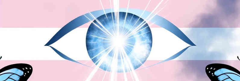 An illustration of an eye superimposed on a trans pride flag with butterflies in the trans pride colours