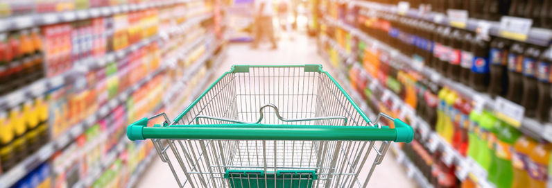 a close up of a trolly in a supermarket