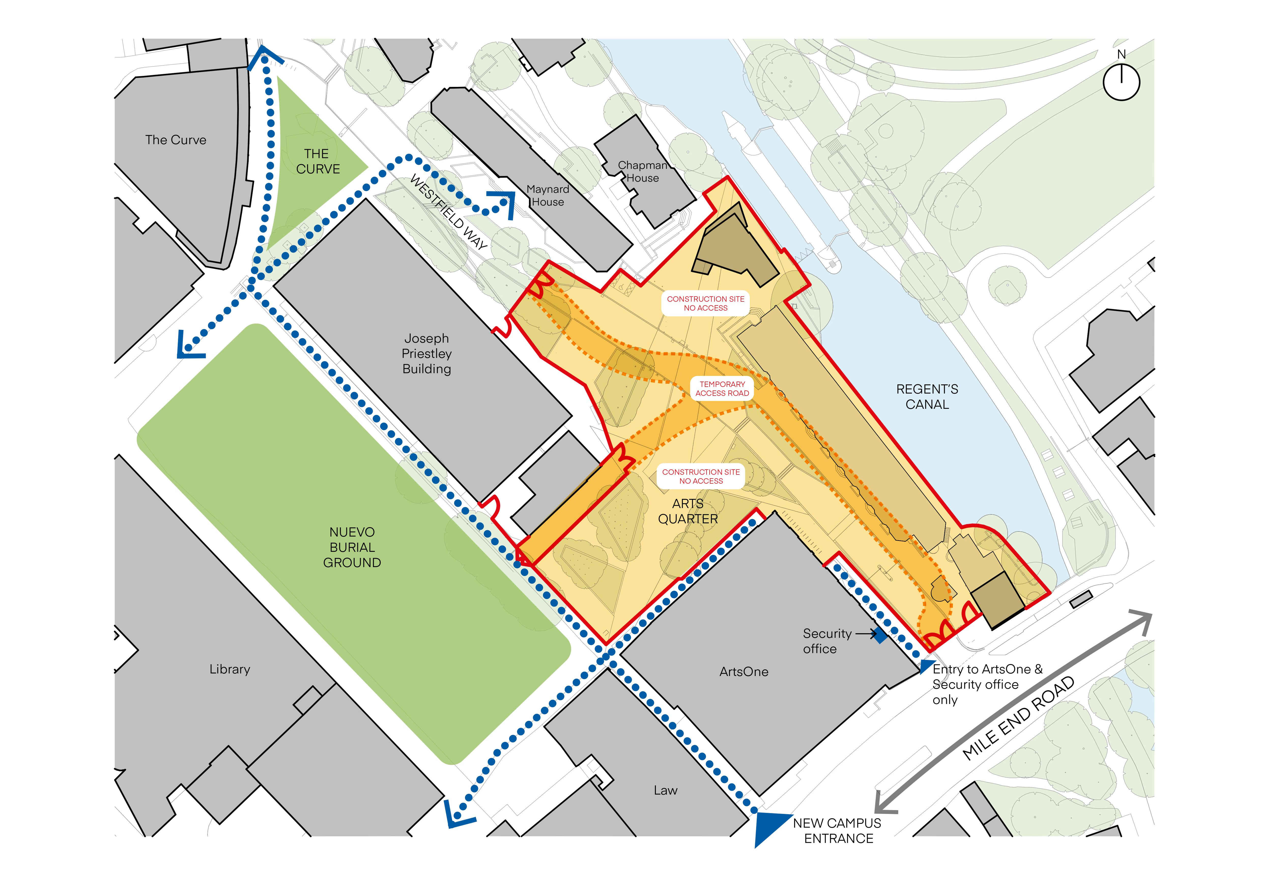 A plan showing the pedestrian routes into Queen Mary from Westfield Way