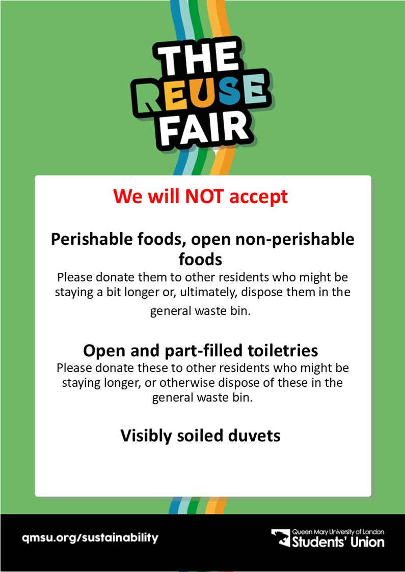 A list of items not accepted for collection as part of the Reuse Fair