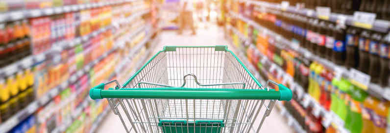 a close up of a trolly in a supermarket